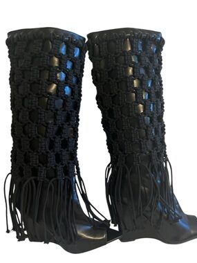 Fringe Crochet Boho Western Cowgirl Rodeo Festival Boots Size 8 Open Pointed Toe